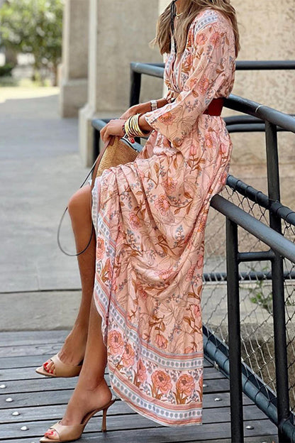 Rocio | Women's Bohemian Floral V-Neck A-Line Maxi Dress with Belt