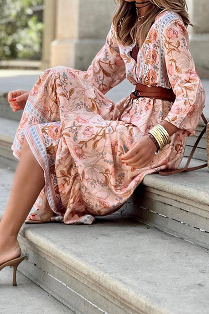 Rocio | Women's Bohemian Floral V-Neck A-Line Maxi Dress with Belt