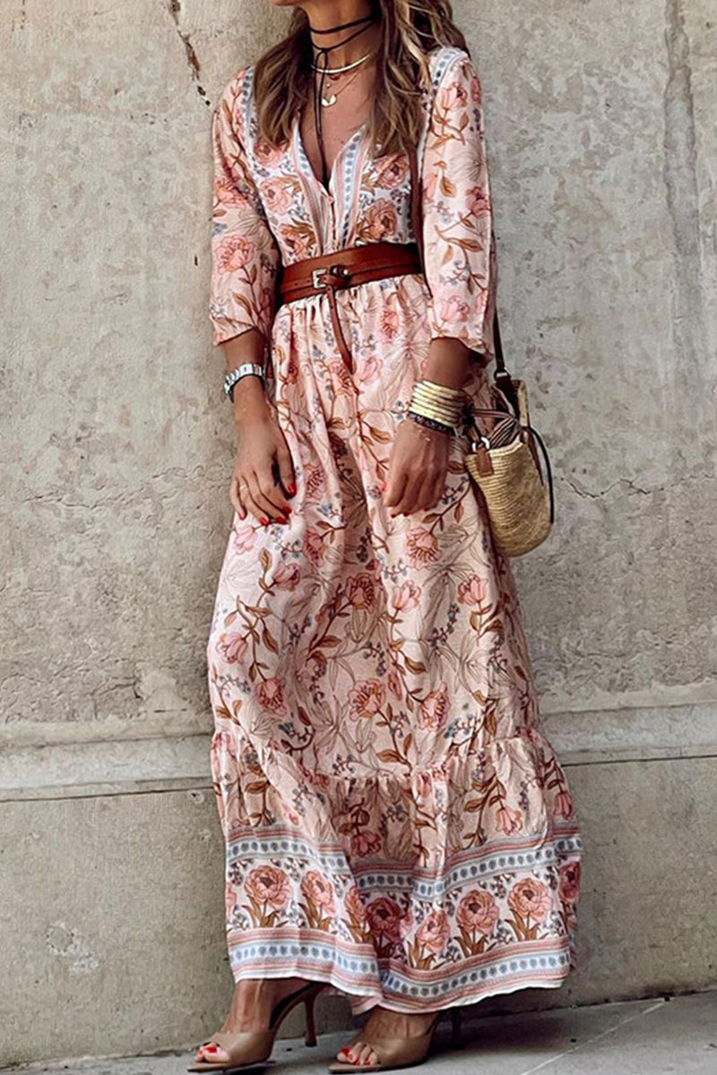 Rocio | Women's Bohemian Floral V-Neck A-Line Maxi Dress with Belt