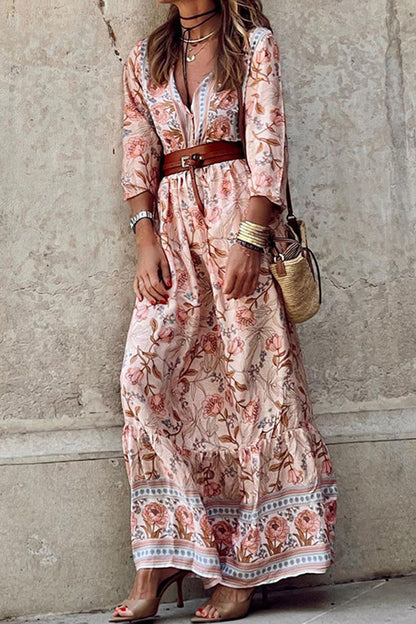 Rocio | Women's Bohemian Floral V-Neck A-Line Maxi Dress with Belt