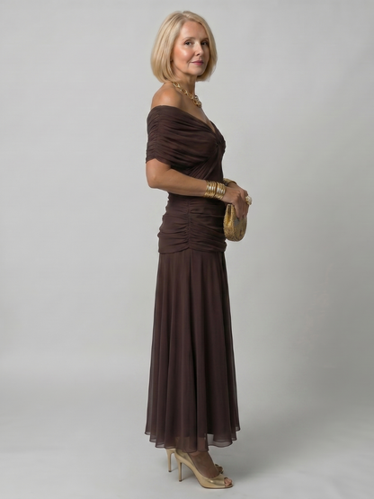 Calen | Women's Elegant Off-Shoulder Midi Dress with Flowing Design