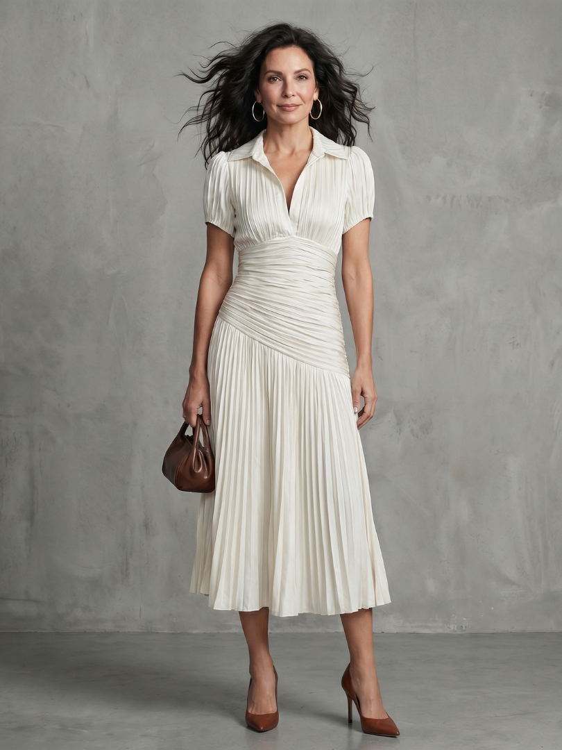 Theodora | Women's Pleated Waistline Stripe Midi Dress
