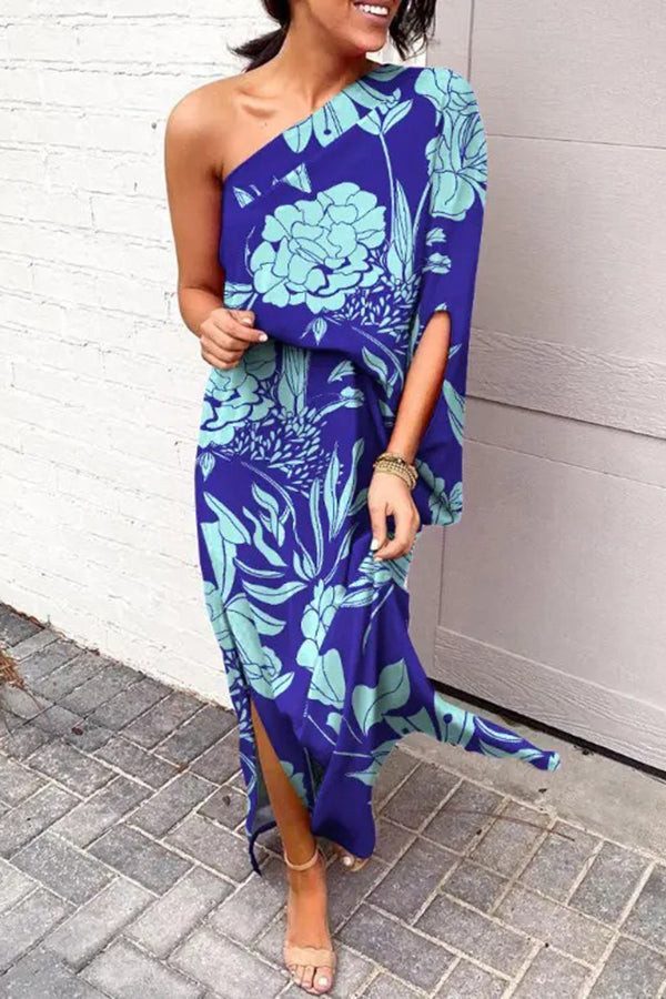 Women's Rosie One-Shoulder Maxi Dress with Printed Design and Split Hem