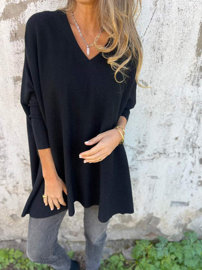 Hannah | Women's Longline V-Neck Jumper with Side Slit and Side Slits