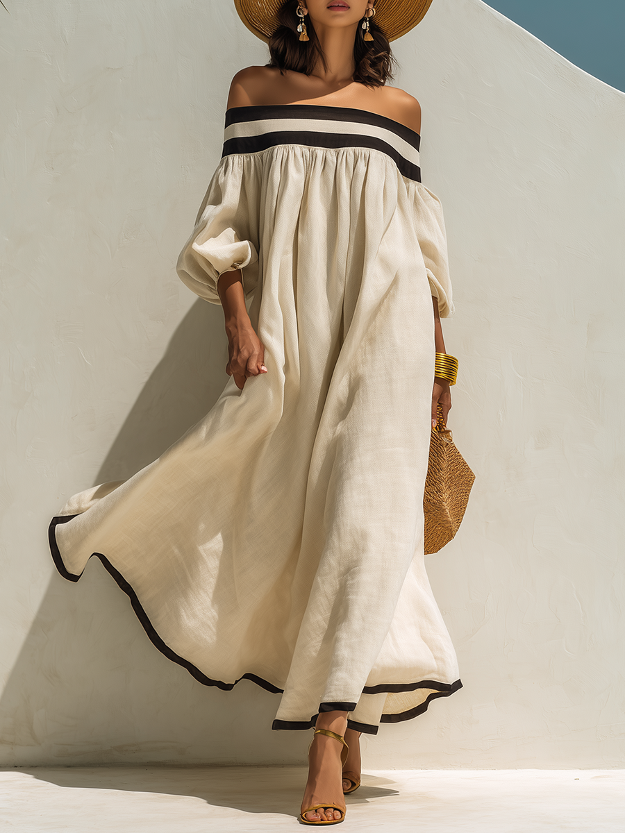 Women's Beige Off-the-Shoulder Maxi Dress with Relaxed Fit and Colour-Block Design