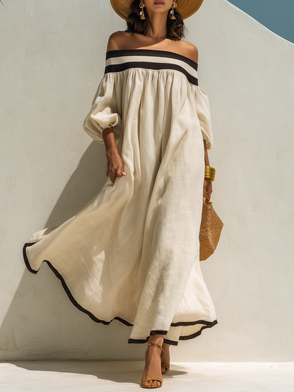 Women's Beige Off-the-Shoulder Maxi Dress with Relaxed Fit and Colour-Block Design
