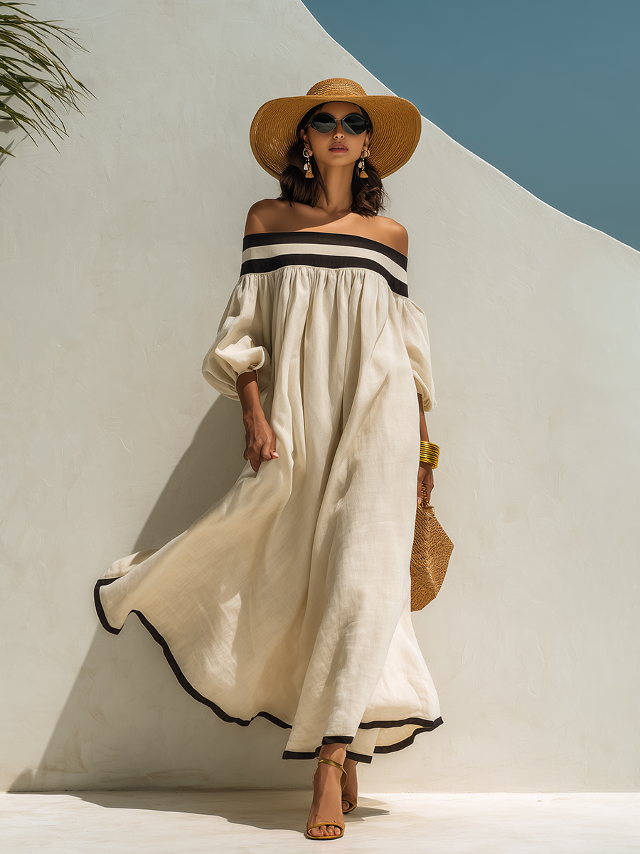 Women's Beige Off-the-Shoulder Maxi Dress with Relaxed Fit and Colour-Block Design