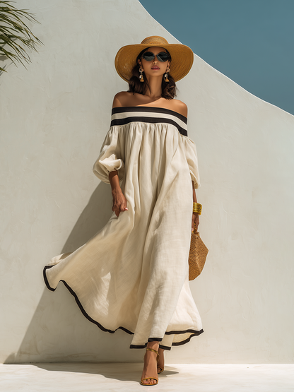 Women's Beige Off-the-Shoulder Maxi Dress with Relaxed Fit and Colour-Block Design