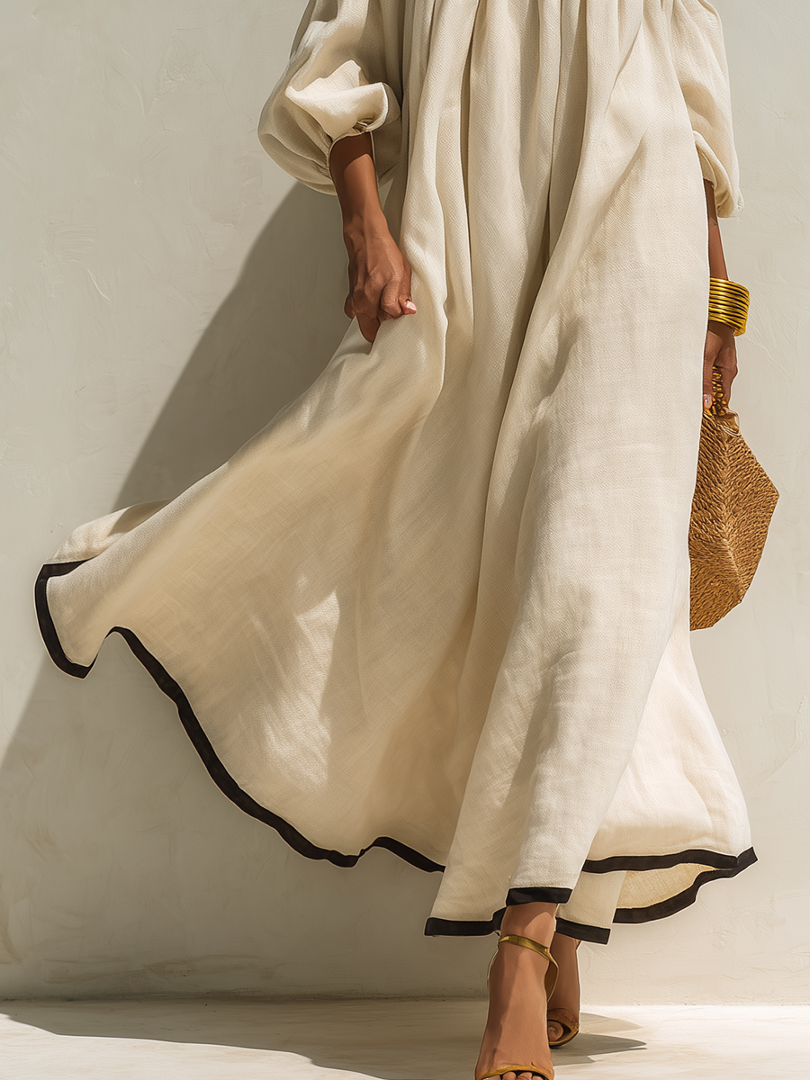 Women's Beige Off-the-Shoulder Maxi Dress with Relaxed Fit and Colour-Block Design