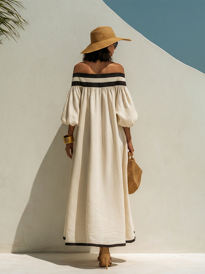 Women's Beige Off-the-Shoulder Maxi Dress with Relaxed Fit and Colour-Block Design