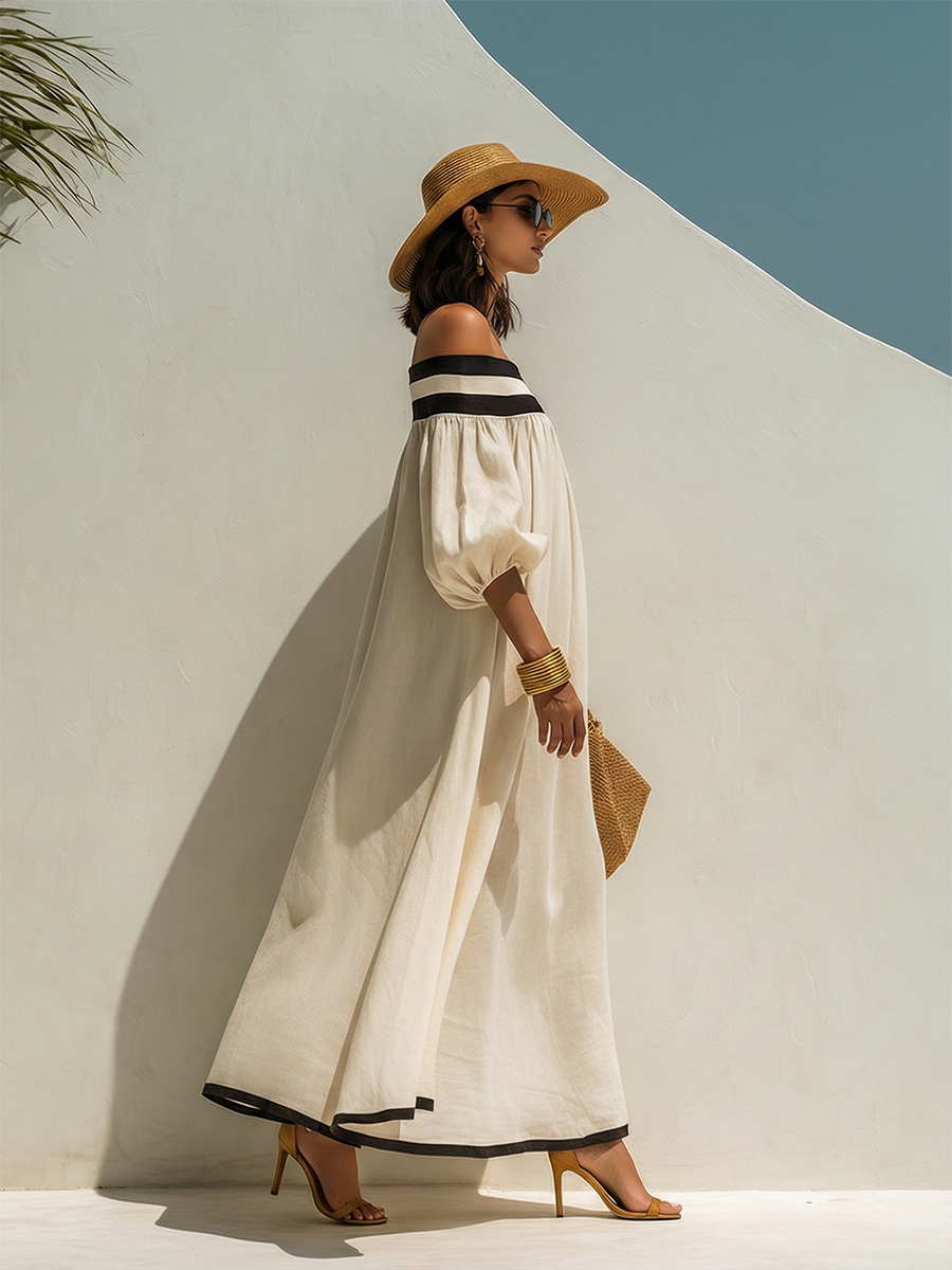Women's Beige Off-the-Shoulder Maxi Dress with Relaxed Fit and Colour-Block Design