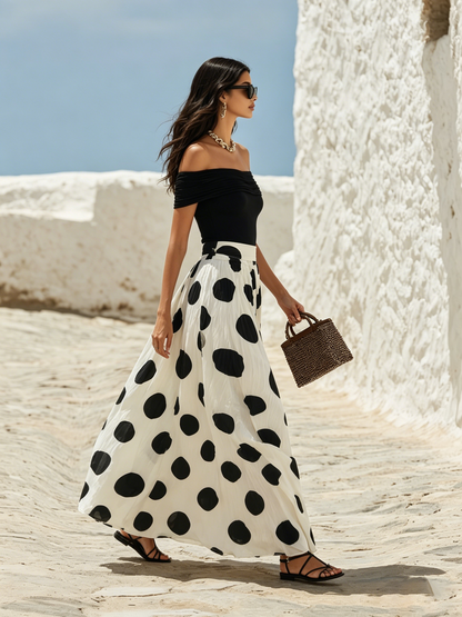 Women's Off-Shoulder Polka Dot Maxi Dress for a Vacation Vibe
