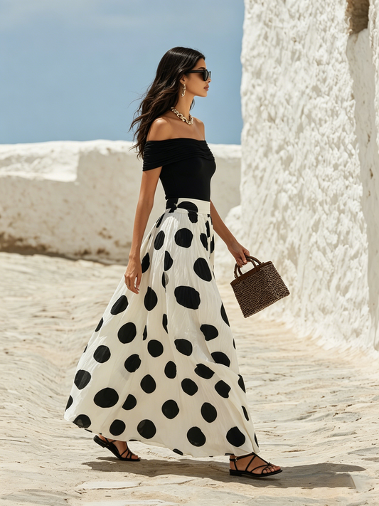 Women's Off-Shoulder Polka Dot Maxi Dress for a Vacation Vibe