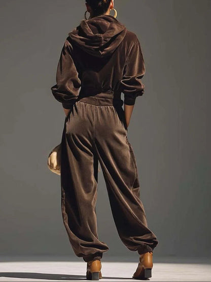 Women's Retro Brown Hoodie and Relaxed Trousers Set (Belt Included) with Pockets