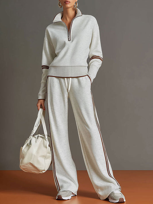 Women's Vintage-Inspired Grey and White Half-Zip Sweatshirt with Wide-Leg Trousers Set