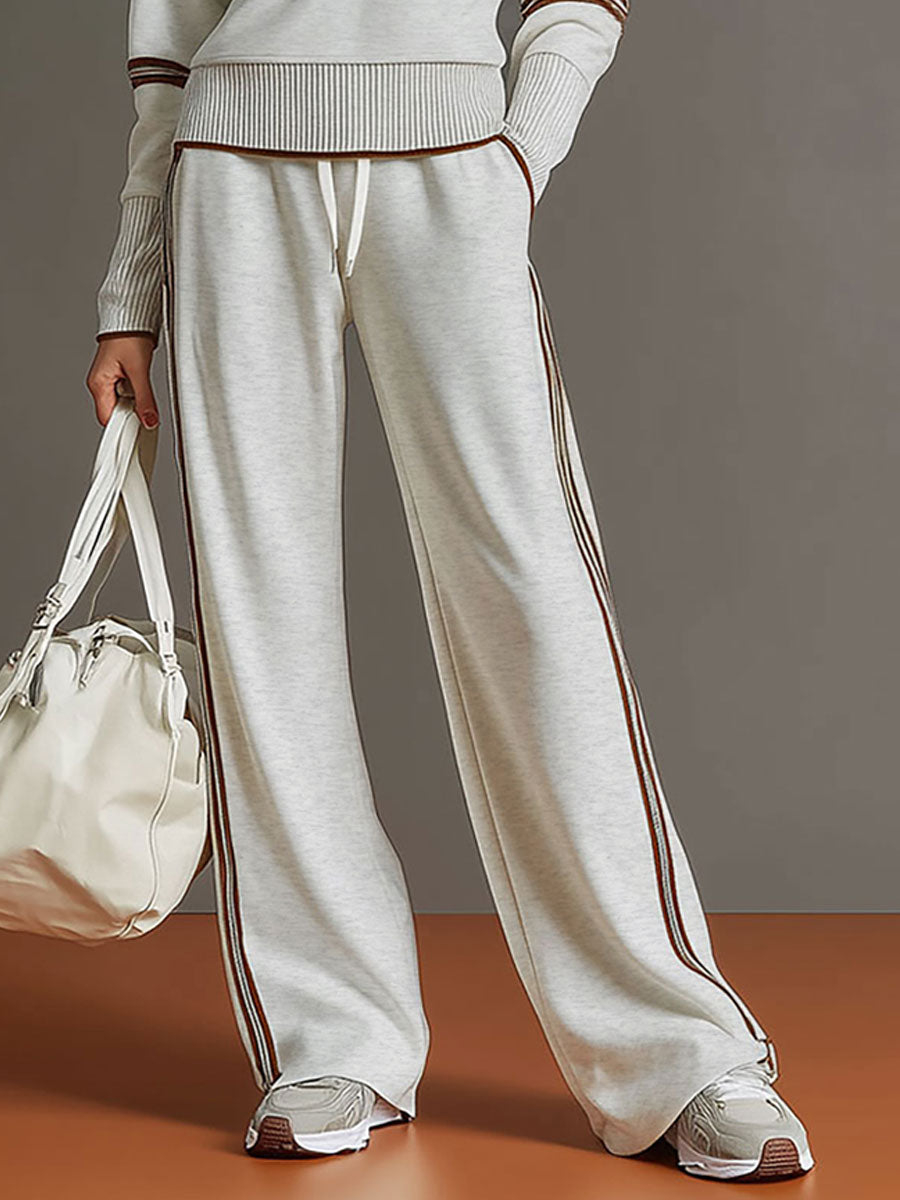 Women's Vintage-Inspired Grey and White Half-Zip Sweatshirt with Wide-Leg Trousers Set