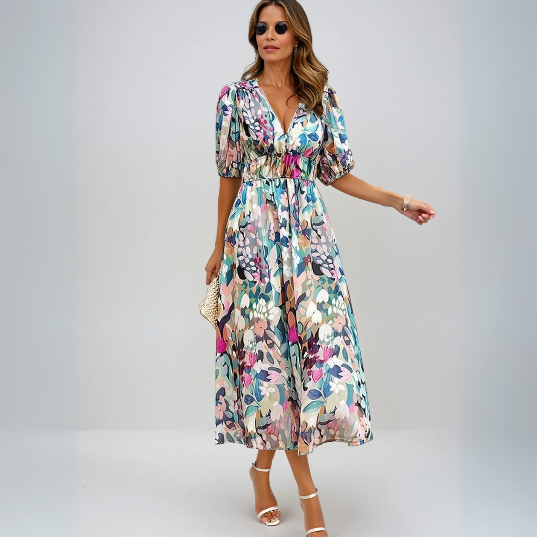 Flore | Women's Elegant Midi Dress with Floral Pattern