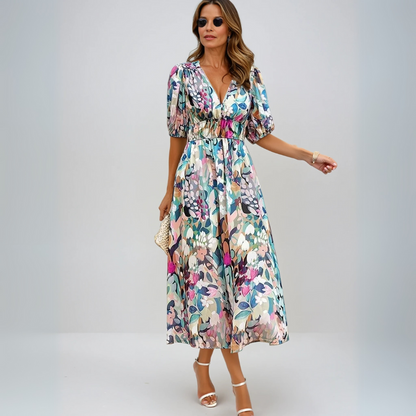 Flore | Women's Elegant Midi Dress with Floral Pattern