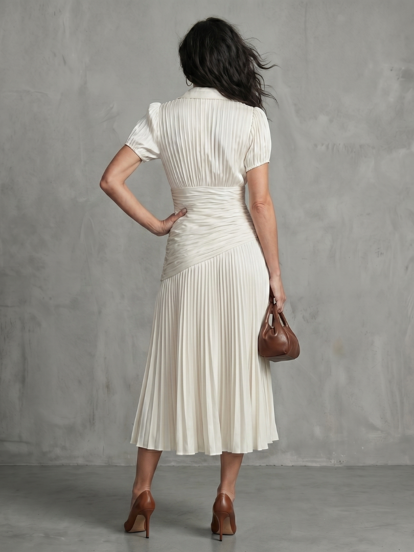 Theodora | Women's Pleated Waistline Stripe Midi Dress