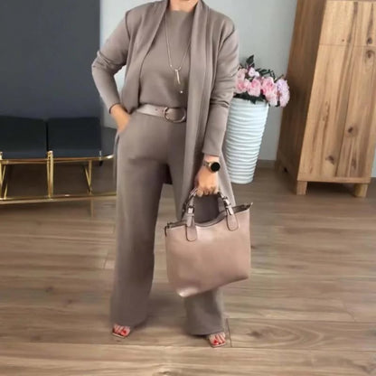 Women's Chic 3-Piece Ensemble: Long Cardigan, Top, and Trousers