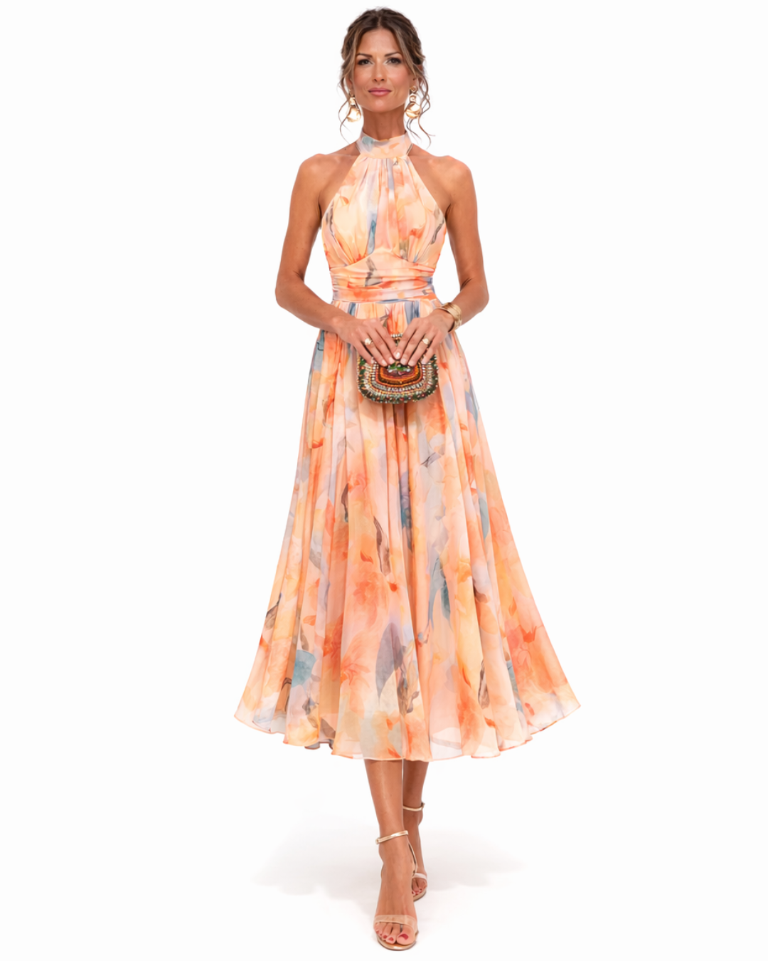 Women's Aurora Halter Neck Maxi Dress with Watercolour Print
