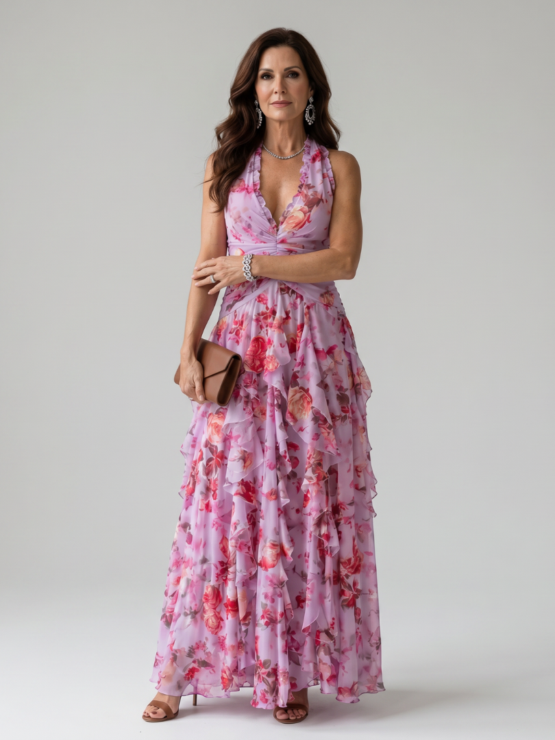 Nori | Women's Halter Neck Ruched Bodice Floral Maxi Dress with Ruffle Detail