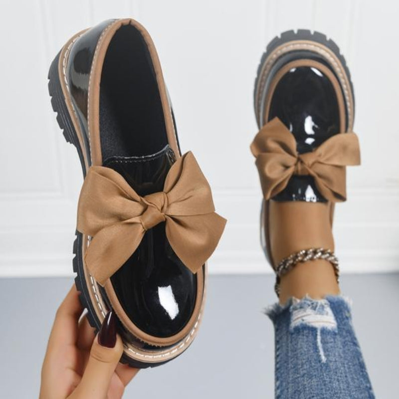 Women's Lightweight Slip-On Shiny Green Bowknot Loafers with Chunky Cushioned Sole
