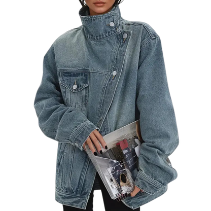 Skye | Women's Relaxed Retro-Inspired High Neck Asymmetric Jacket with Vintage Wash