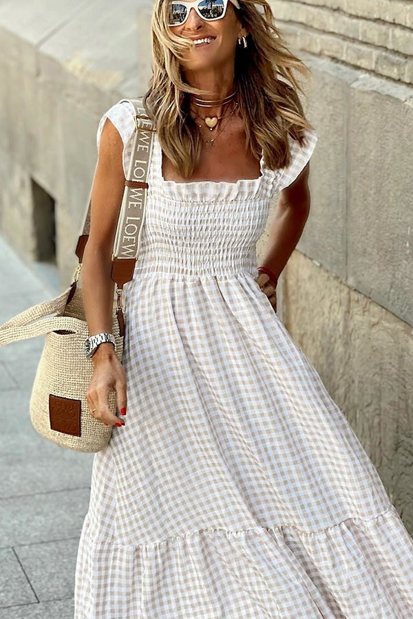 Ivara | Women's Elegant Plaid Summer Maxi Dress with Ruffle Detail and Smocking