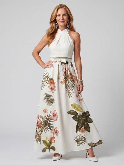 Meadow | Women's Draped Halter Botanical Panel Maxi Dress