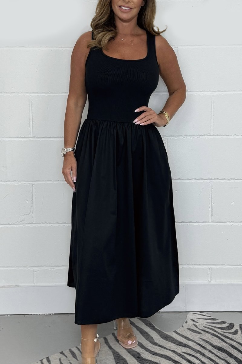 Women's Stylish Sleeveless A-Line Midi Dress with Square Neck Design