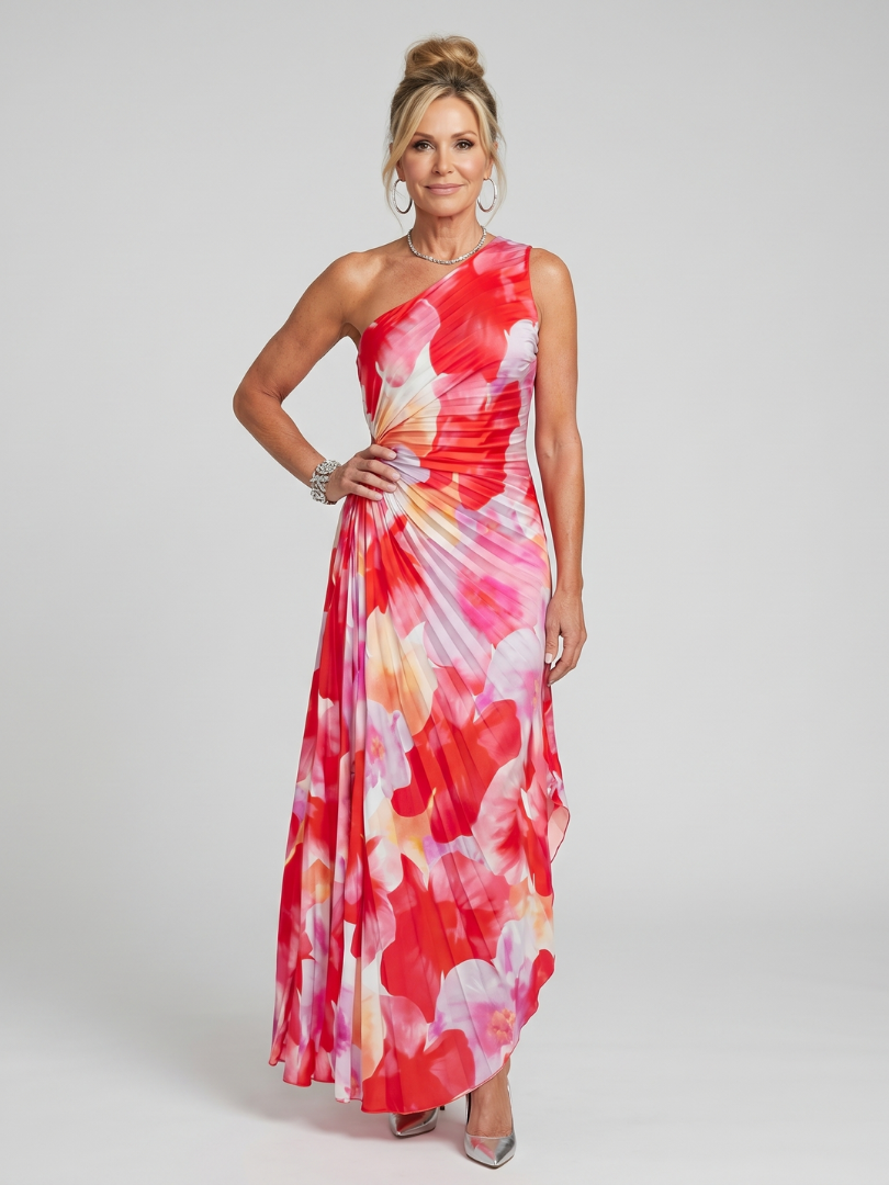 Taya | Women's One Shoulder Pleated Bodice Midi Dress