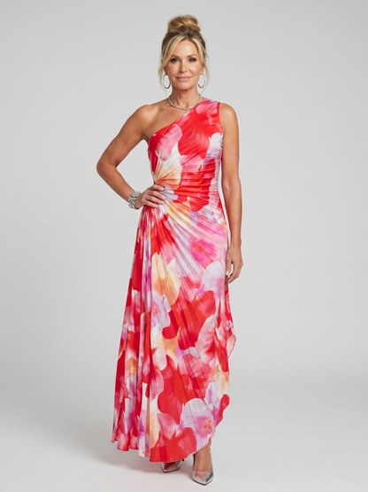 Taya | Women's One Shoulder Pleated Bodice Midi Dress