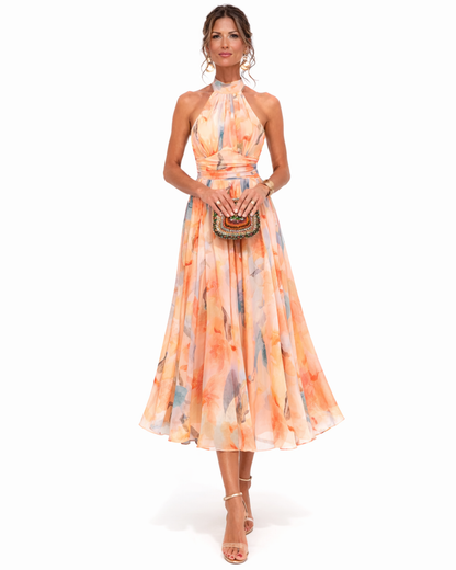 Aurora | Women's Watercolour Print Halter Neck Maxi Dress