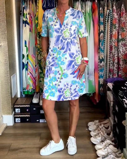 Federica | Women's Relaxed Dress with Short Sleeves and Floral Print