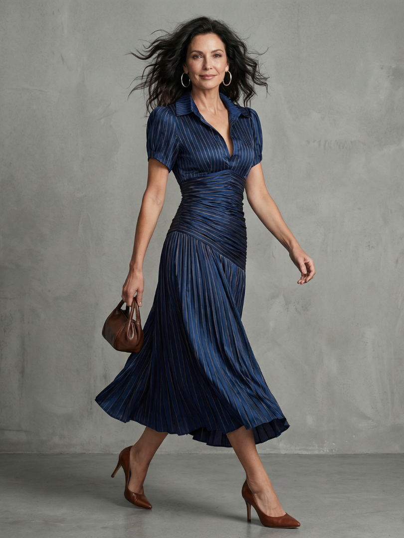Theodora | Women's Pleated Waistline Stripe Midi Dress