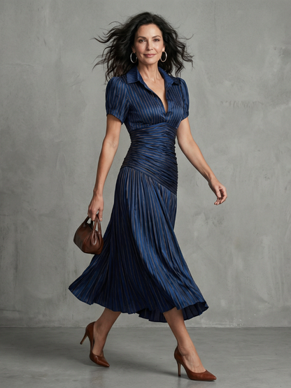 Theodora | Women's Pleated Waistline Stripe Midi Dress