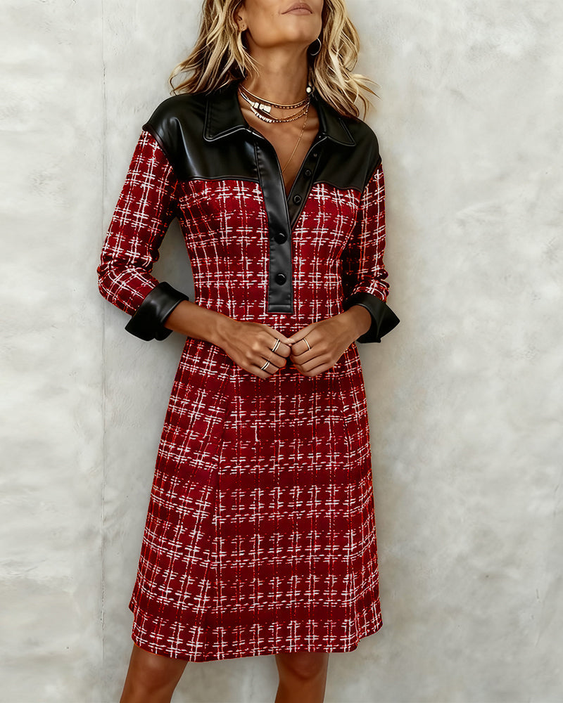Women's Long Sleeve Houndstooth Patchwork Dress