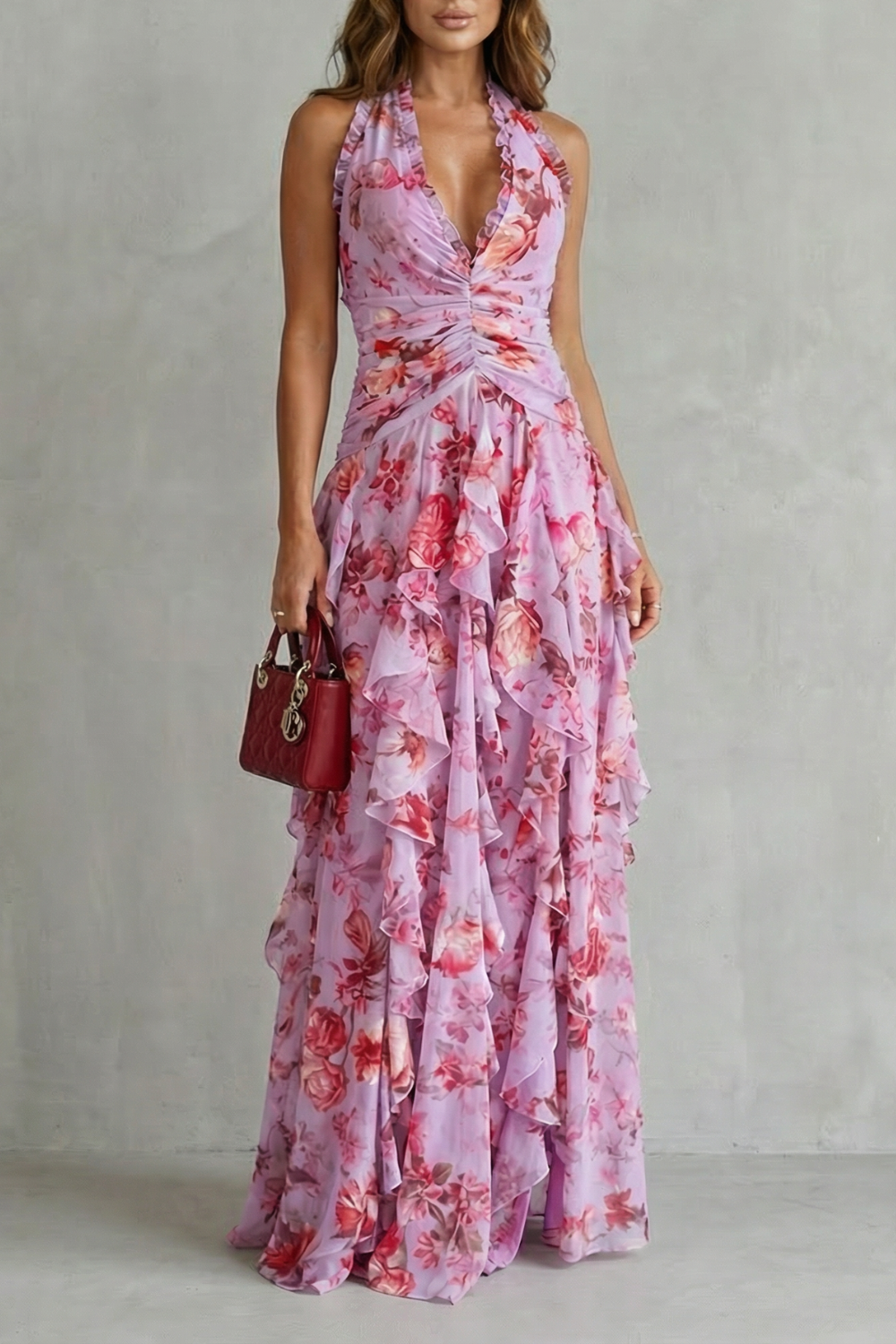 Women's Belladina Enchanting Rose Cascade Halter Maxi Dress