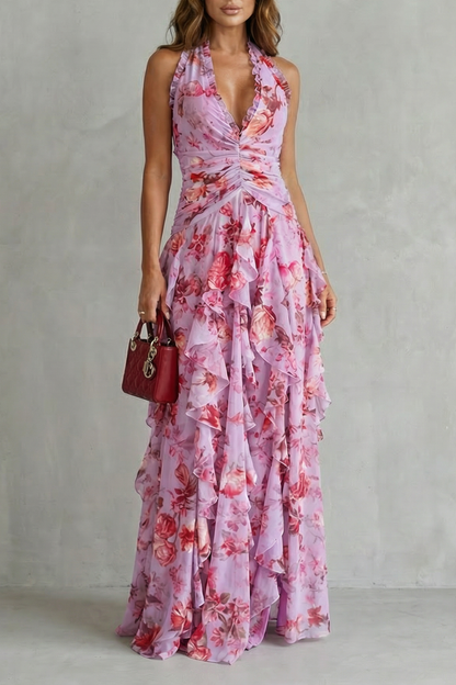 Women's Belladina Enchanting Rose Cascade Halter Maxi Dress