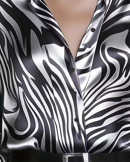Women's Chic and Stylish Printed Blouse with V-Neck and Long Sleeve