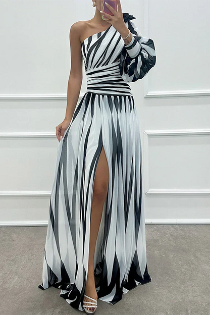 Chloe | Women's Elegant Striped One Shoulder Maxi Dress