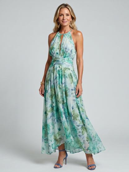 Portia | Women's Pleated Halter Soft Floral Pattern Midi Dress