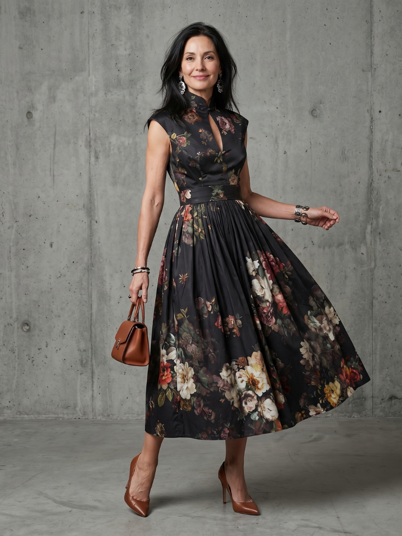 Greta | Women's High Neck Keyhole Floral Pleated Midi Dress