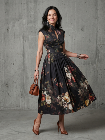 Greta | Women's High Neck Keyhole Floral Pleated Midi Dress