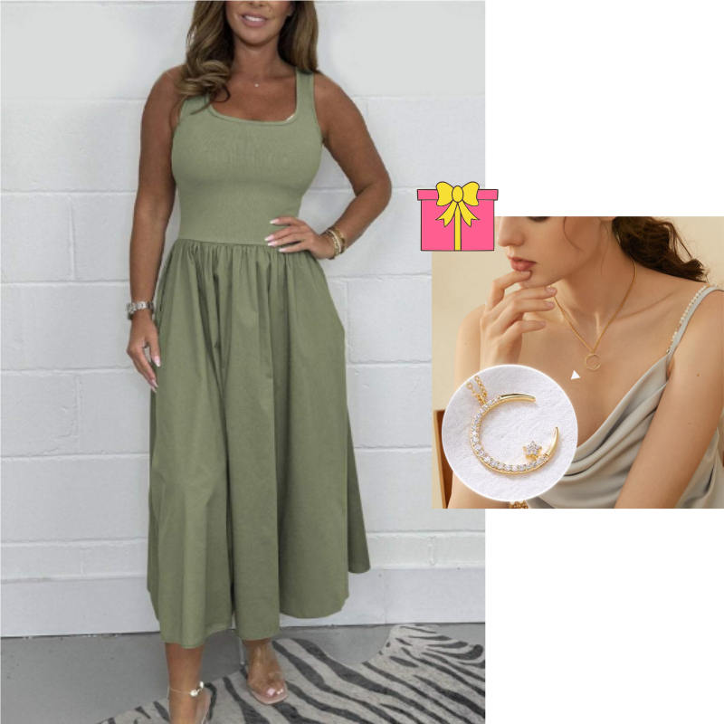 Women's Stylish Sleeveless A-Line Midi Dress with Square Neck Design