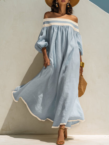 Women's Beige Off-the-Shoulder Maxi Dress with Relaxed Fit and Colour-Block Design