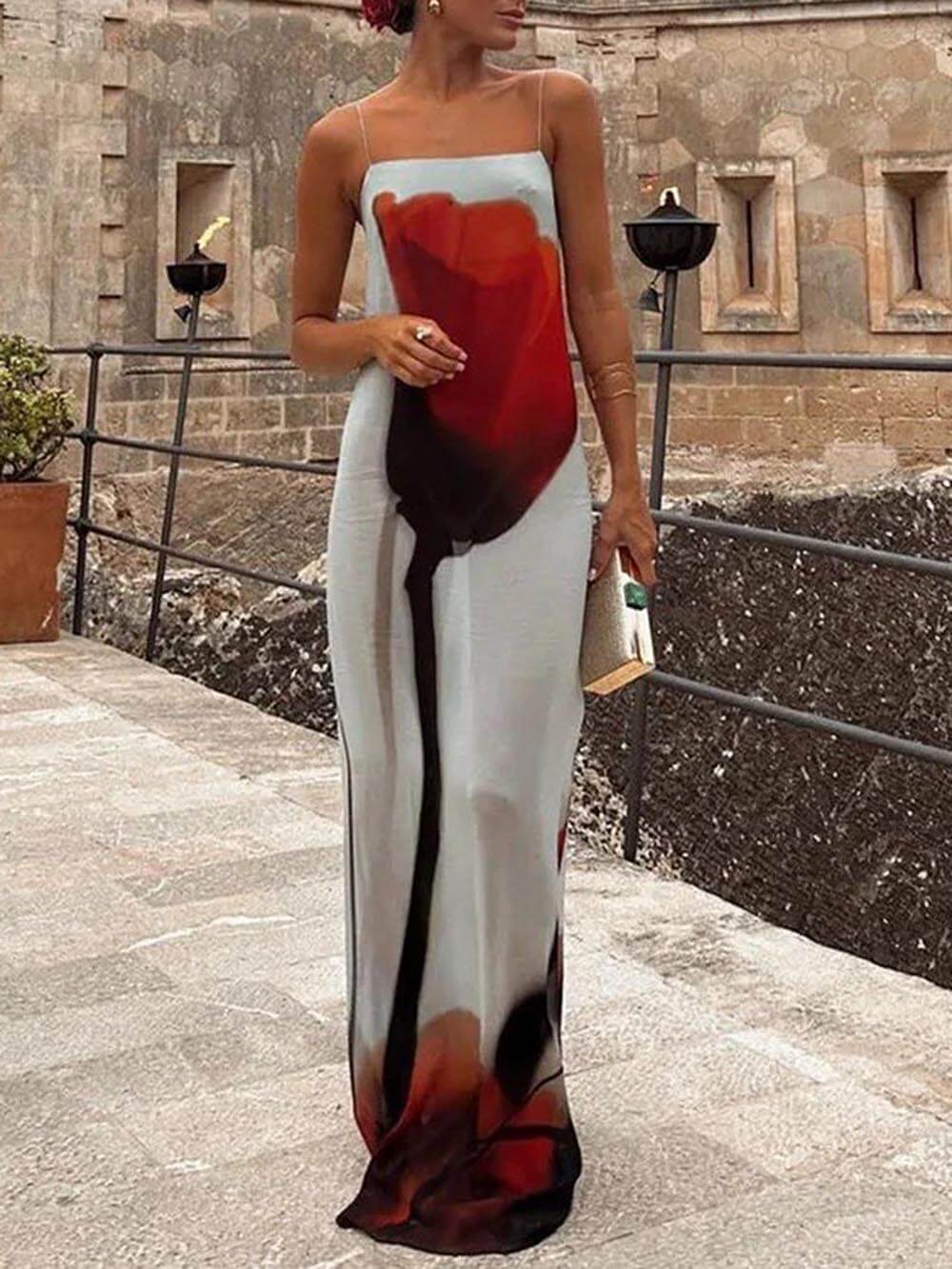 Women's Abstract Tulip Print H-Line Maxi Dress for Vacation