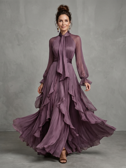 Demetria | Women's Tie Neck Ruffle Tiered Maxi Dress