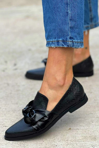 Women's Lightweight Slip-On Black Loafers With Shiny Bow